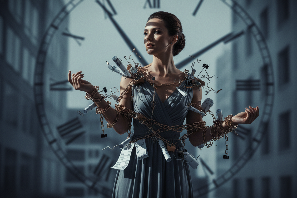 frau mit leichten fesseln des alltags, dramatisch