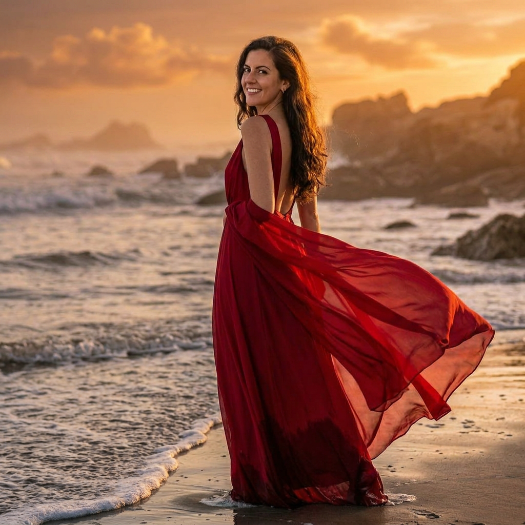Tina am Strand im roten Kleid