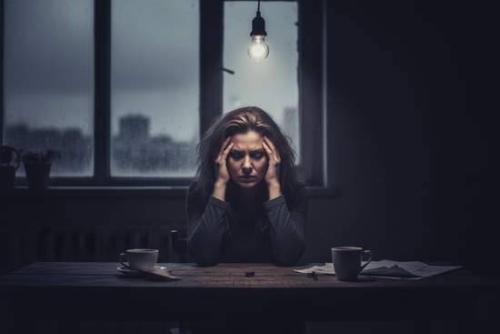 Frau, die überforder ´t ist, dramatisch, düster